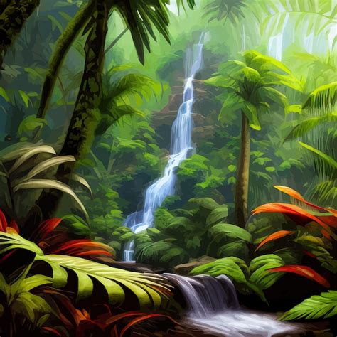 Premium Vector Jungle Waterfall Picturesque River In Tropical Forest