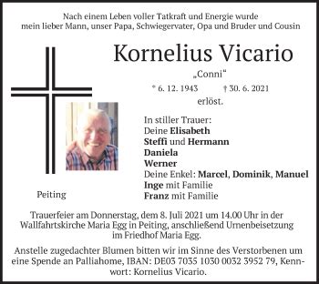 Traueranzeigen Von Kornelius Vicario Trauer Merkur De