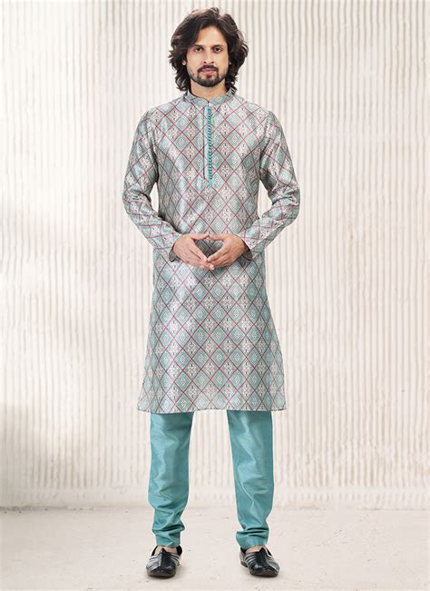 Buy Festival Wear Firozi Jacquard Banarasi Silk Kurta Pajama Online