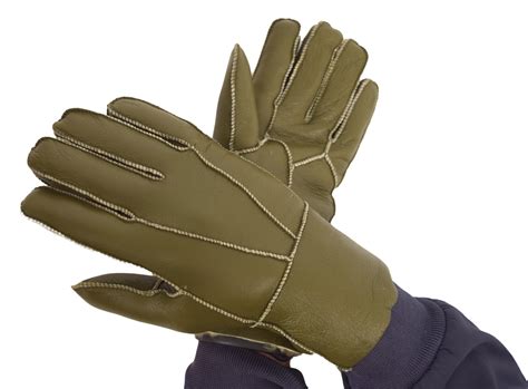 Mens Olive Green Leather Merino Shearling Sheepskin Luxury Gloves A