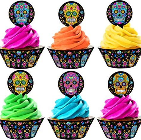 Sugar Skull Cupcake Toppers and Wrappers 24 Toppers and 24 - Etsy