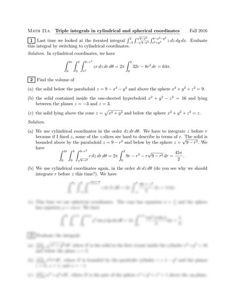 Solution Triple Integrals In Cylindrical And Spherical Coordinates