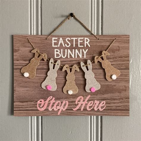 Holiday Nwt Glittered Easter Bunny Stop Here Wooden Burlap Easter