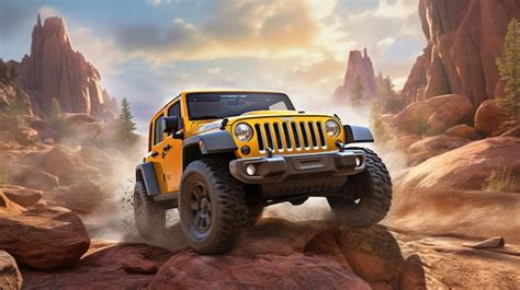 Premium Photo A Yellow Jeep Wrangler Is Driving On A Rocky Mountain