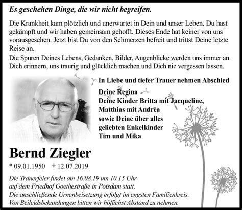 Traueranzeigen Von Bernd Ziegler Trauer Anzeigen De