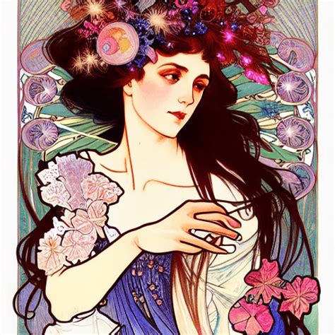 Retrato De Chica A La Moda Estilo Alphonse Mucha Arte Acuarela