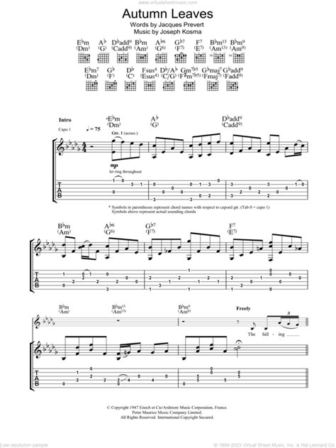 Autumn Leaves Les Feuilles Mortes Sheet Music For Guitar Tablature V