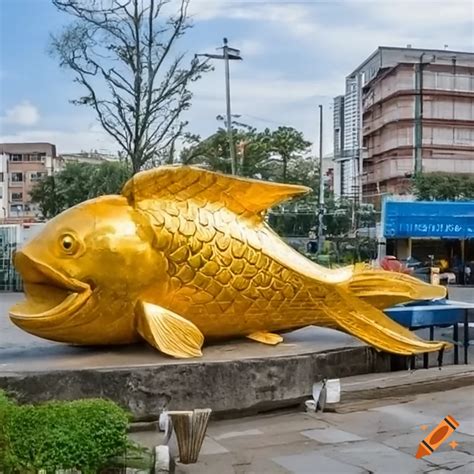 Gold Statue Of A Koi Fish On The Street