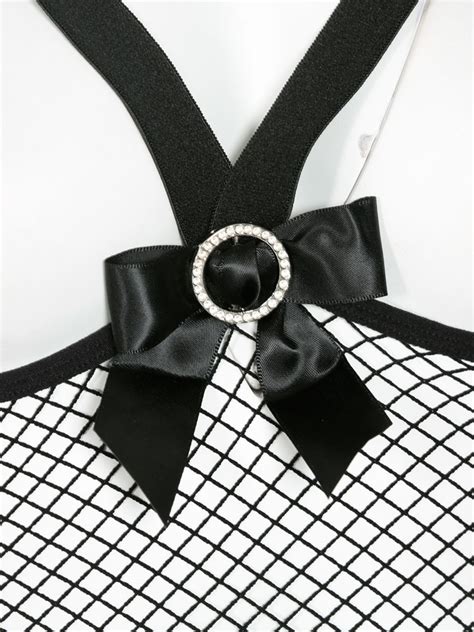 Women Black Bodystocking Strappy Bows Crotchless Fishnet Body Lingerie Milanoo