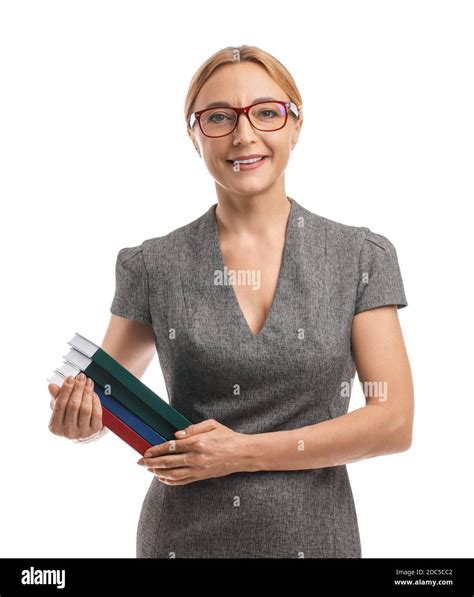 Mature female teacher on white background Stock Photo - Alamy