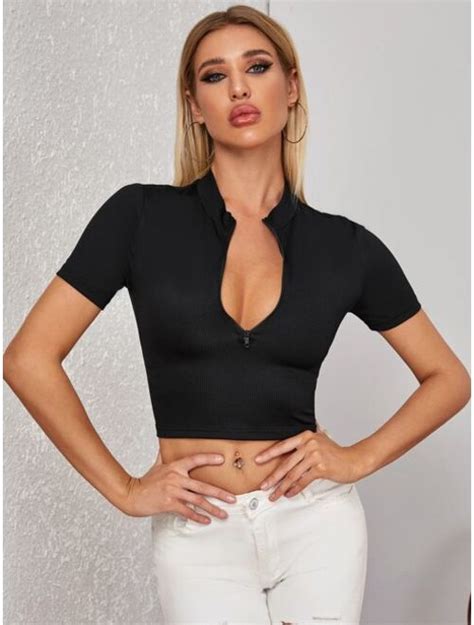 Buy Shein Zip Half Placket Slim Rib Knit Crop Top Online Topofstyle