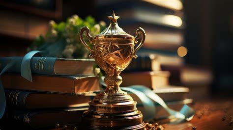 Pilha de livros troféu e medalha da copa de ouro ia generativa