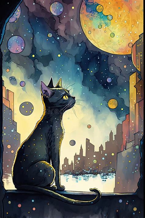 Watercolor of a Light Black Cat Feline with Big Sweet Golden Eyes