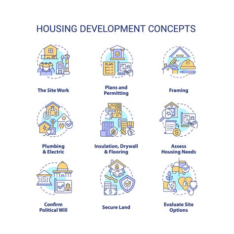 Housing development concept icons set. Building construction processes ...