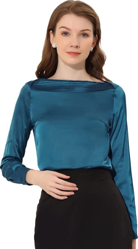 Allegra K Womens Elegant Satin Blouse Boat Neck Work Office Top Lake