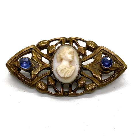 Antique C 1910 Natural Sapphire With Cameo Pin Vintage Jewerly Collect