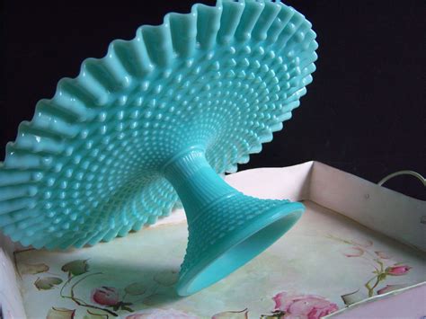 Super Rare Fenton Turquoise Blue Hobnail Milk Glass Pedestal Cake Stand