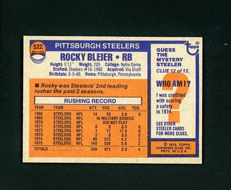 Rocky Bleier 1976 Topps Pittsburgh Steelers 522 Nm Mt Ebay