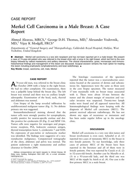 Pdf Merkel Cell Carcinoma In A Male Breast A Case Report