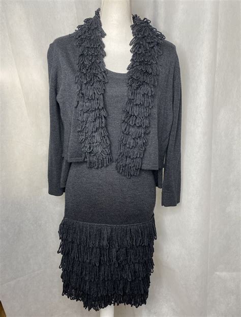 Calvin Klein Womens Gray Sweater Dress Fringe Hem 2 Piece Set Size