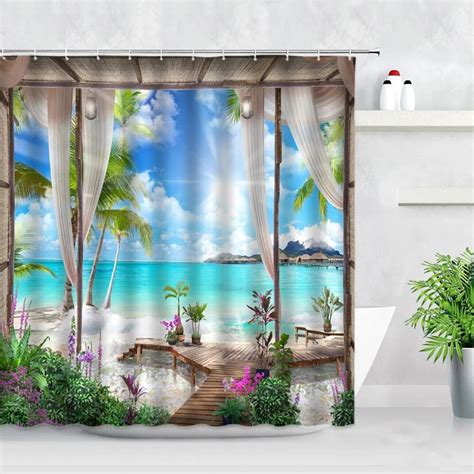 Seaside Beach Shower Curtains Tropical Palm Trees Plant Ocean Hawaii