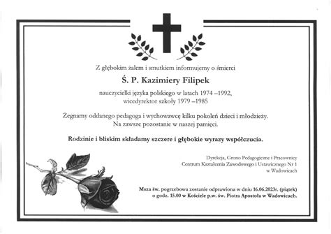 Nekrolog Ś P Kazimiery Filipek CKZiU nr 1 w Wadowice