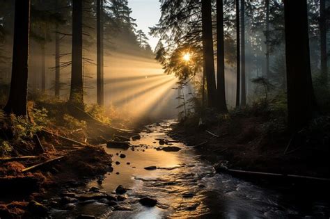 Premium Photo | Beautiful sunrise in a misty forest wallpaper