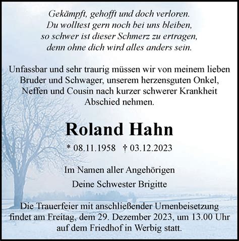 Traueranzeigen Von Roland Hahn M Rkische Onlinezeitung Trauerportal