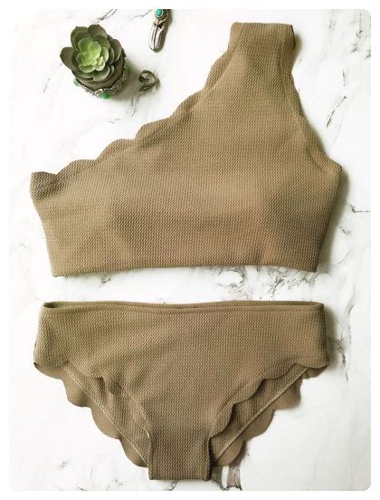 One Shoulder Scalloped Bathing Suit Grey Olive Scalloped Bikini