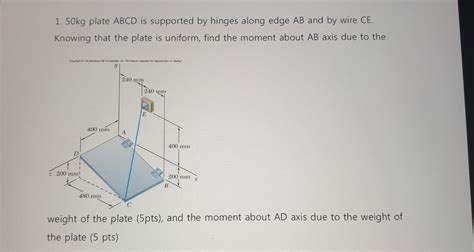 Solved 1 50kg Plate Abcd Is Supported By Hinges Along Edge