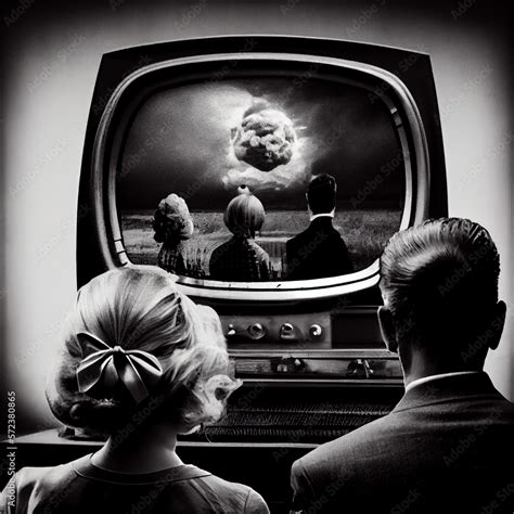 family watching tv movie retro black and white illustration Stock ...