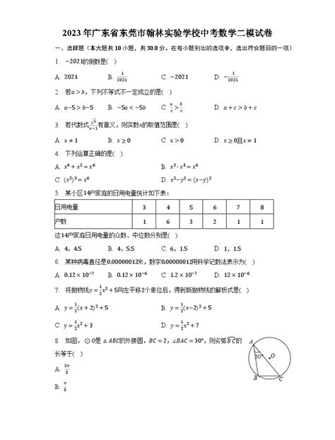 2023年广东省东莞市翰林实验学校中考数学二模试卷（含解析） 教习网试卷下载