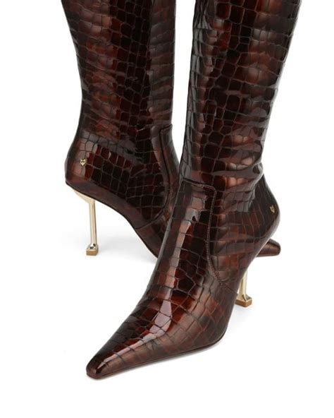 Naked Wolfe Croc Patent Leather Pointed Toe Heeled Boots In Brown Lyst