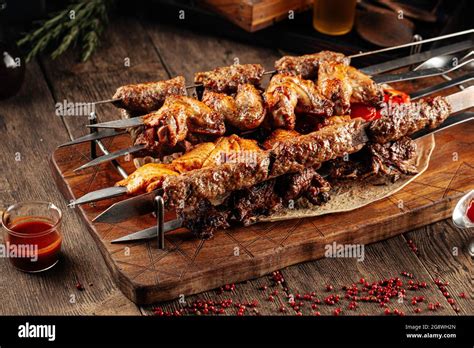 Assorted shashlik skewers with different meat Stock Photo - Alamy