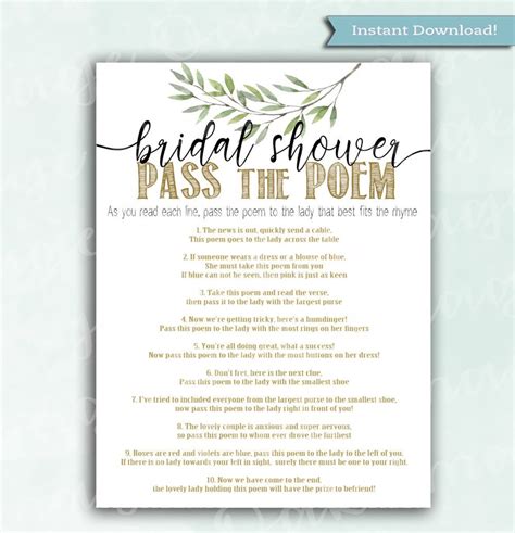 Bridal Shower Game Pass The Poem Olive Branch Instant Etsy Canada