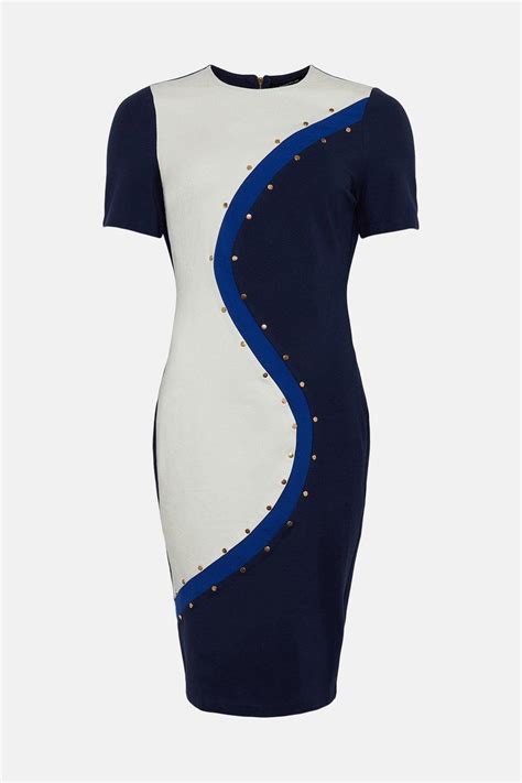 Karen Millen Ponte Studded Colourblock Midi Dress Endource