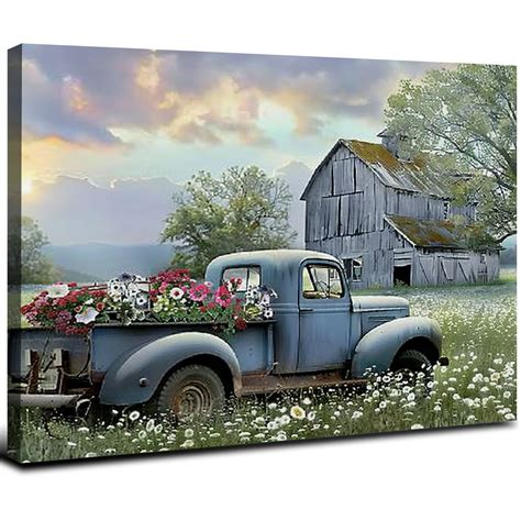 Nawypu Farmhouse Old Truck Canvas Wall Art Old Barn Pictures Wall Art