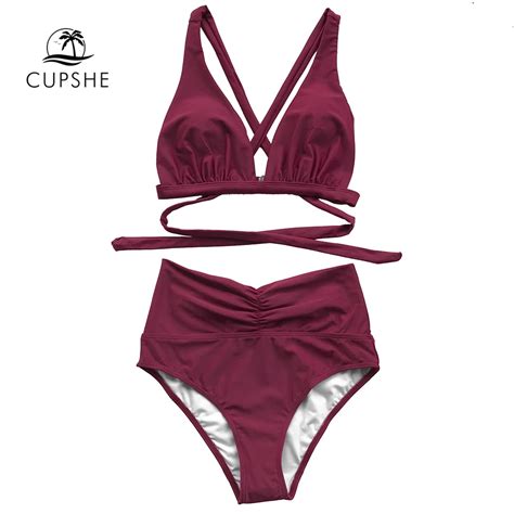 CUPSHE Burgundy Deep V Neck Solid Bikini Set Women High Waisted Cross