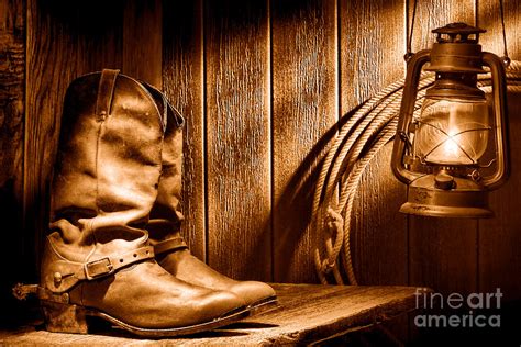 Cowboy Boots In Old Barn Sepia Photograph By Olivier Le Queinec