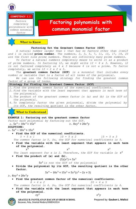 Factoring Polynomials With Common Monomial Factor Pdf