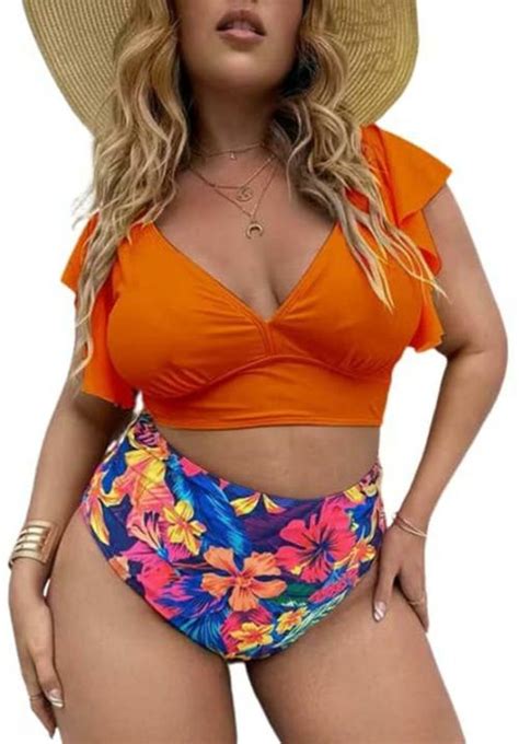 Buy Plus Curvves Plus Size Orange Floral Tropical Print Ruffle Sleeve High Waist Bikini 5XL