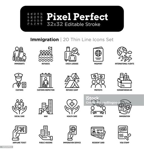 Immigration Thin Line Icons Set Immigrants Illegals Baggage Examination