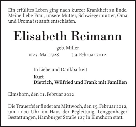 Traueranzeigen Von Elisabeth Reimann Sh Z Trauer