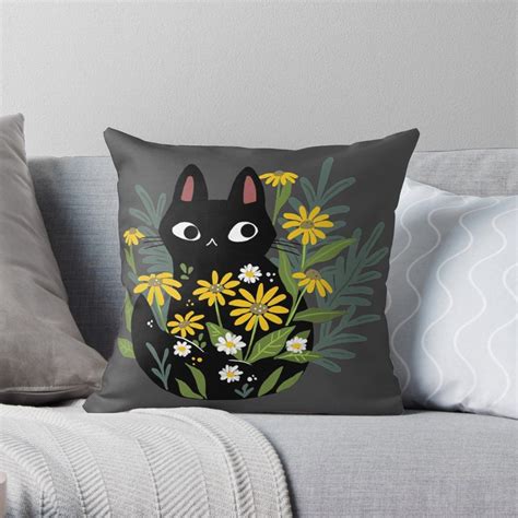 Black Cat With Flowers Throw Pillow By Michelledraws Redbubble Throw Pillows Pillows