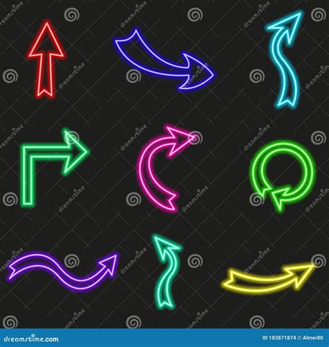 Set Of Red Neon Arrows Glowing On Dark Brick Wall Background Cartoon