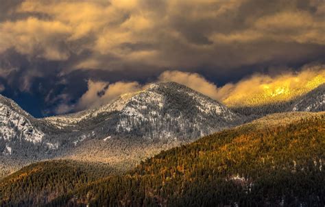 Wallpaper Autumn Forest The Sky Clouds Light Snow Mountains