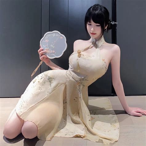 Women Sleepwear Halter Embroidery Mesh Underwear Nightgown Chinese Sexy Lingerie Dress Blossom