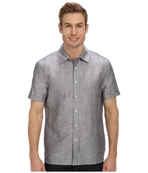 Lyst Perry Ellis Short Sleeve Linen Stripe Shirt In Gray For Men