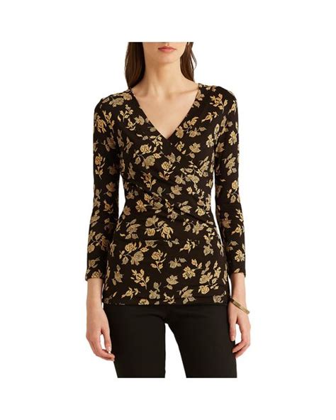 Lauren By Ralph Lauren Floral Surplice Stretch Jersey Top In Black Lyst Uk