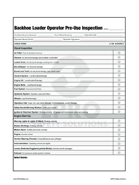 Fillable Online Backhoe Loader Pre Use Inspection Green Fax Email